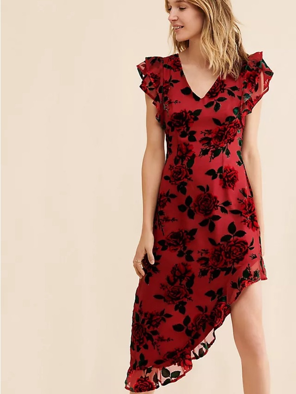Rachel Parcell Burgundy Red Floral Asymmetrical Ruffle Dress